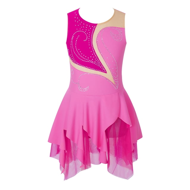 Jhaoyu Robe de Patinage à Glace Sans Manches pour Filles avec Strass Scintillants, Robe de Danse Ballet Gymnastique Rose Vif 10