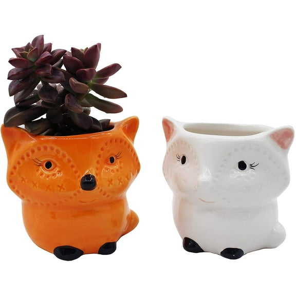 Cute Fox Gifts Animal Succulent Planters 2 Pack Ceramic Flower Pots with Drainage Hole, Office Décor