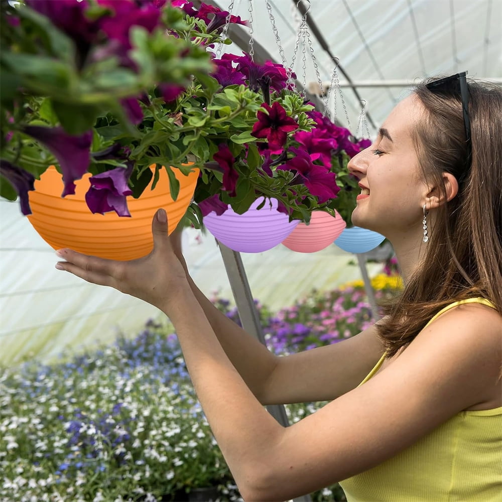 7Pcs Plastic Plant Baskets with Drainer and Hanging Chains,Hanging Flower Plant Pot,Colorful Self-Watering Hanging Planters,Greenery Holder Tray,for Balcony Yard Garden Home