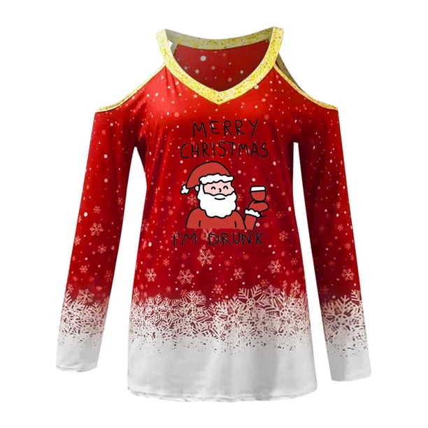 Blusa informal de manga larga con cuello en V y hombros descubiertos para mujer a la moda navideña Pompotops gfhjh20317