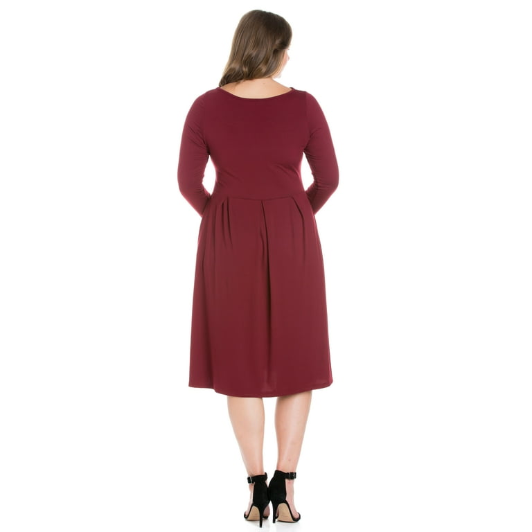 24/7 Women's Plus Size Comfort Apparel Long Sleeve Fit and Flare Plus Size  Midi Dress 