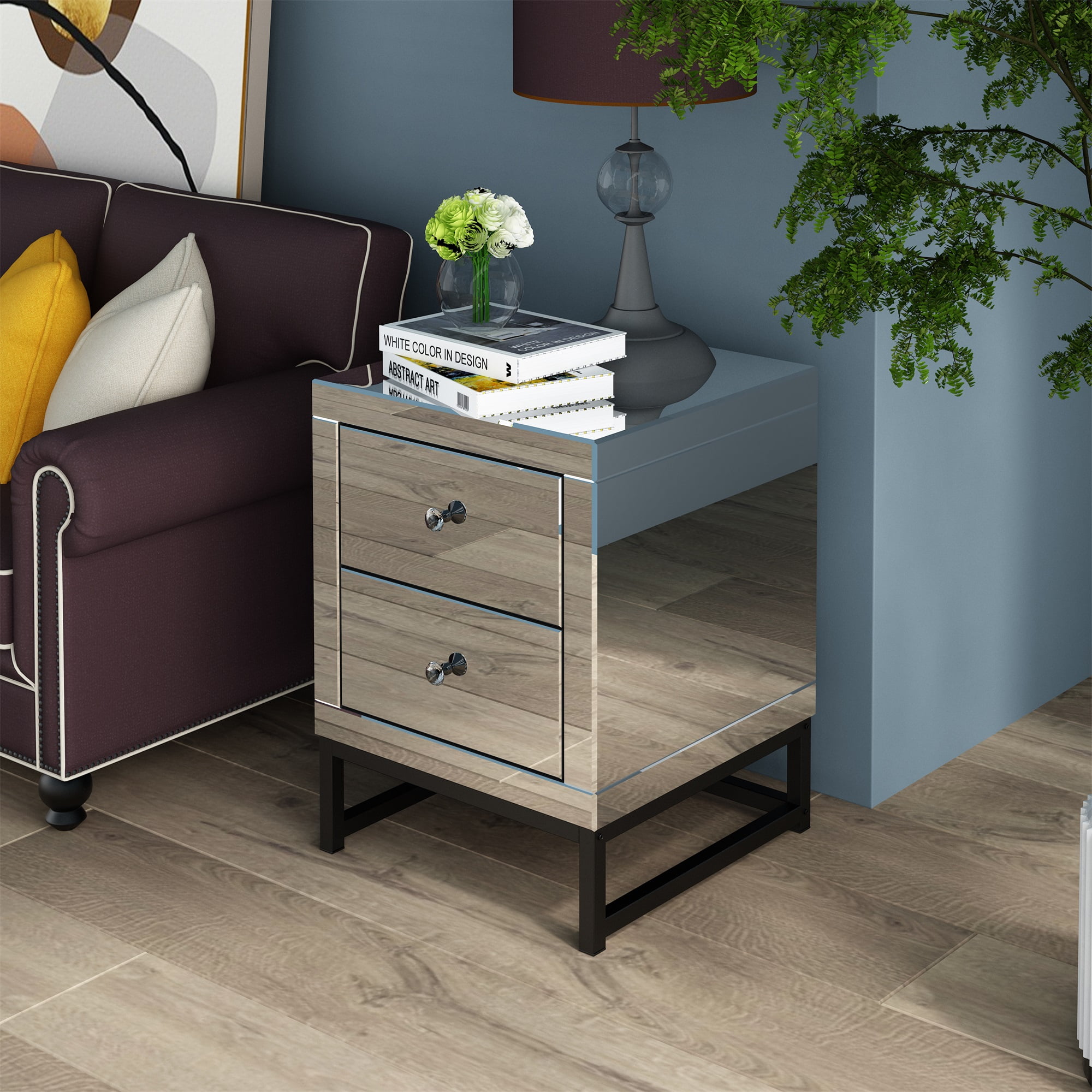 Resenkos Modern Mirrored Nightstand with 2 Drawers, Mirror Accent Silver Table for Living Room/Bedroom Resenkos Modern Mirrored Nightstand with 2 Drawers, Mirror Accent Silver Table for Living Room/Bedroom