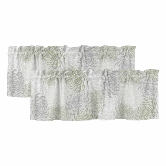 Sage Green White Curtain Valances for Windows, Kitchen Valance Window Treatments Panel 2 Pack, Abstract Grey Chrysanthemum Flower Rod Pocket Short Curtains for Bathroom Bedroom 60 x 18 Inch
