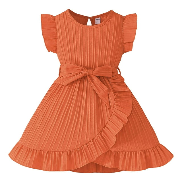Splozh Robe Tutu pour Tout-Petit Fille, Robes de Printemps Été pour Filles, Manches Volantées, Coupe Trapèze avec Ceinture et Poches, Robe de Fête Décontractée pour Enfants, Orange, 3-4 Ans
