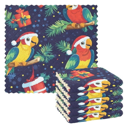 

6 Pieces of Kitchen Towels 11x11Inch Kitchen Dish Cloths Kitchen Dish Towels Reuseable Cleaning Cloths Christmas Parrot Seamless