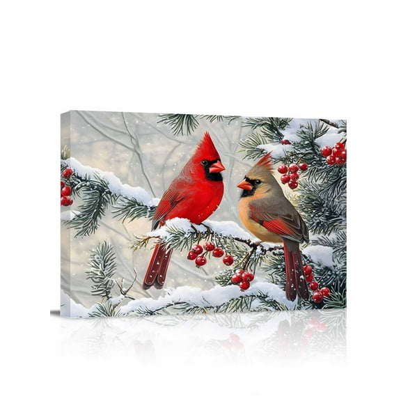 Christmas Birds Canvas Print Wall Art Framed Canvas Art Wall Decor Pine Cones Branches Red Berry Xmas Winter Pictures Painting Morden Artwork for Living Room Bedroom, Ready to Hang - 12"x16"