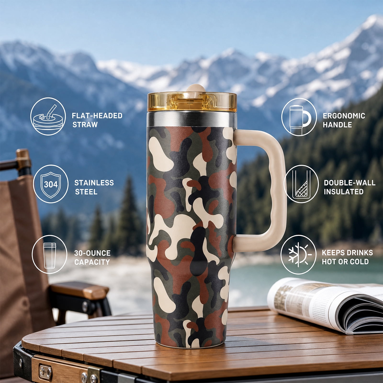 Ozark Trail 30 oz Stainless Steel Insulated Tumbler with Handle, Retro Camo
