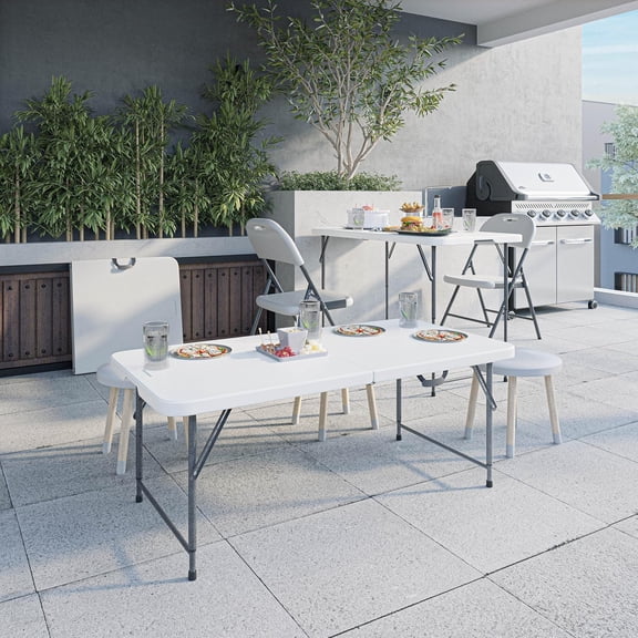 Height Adjustable 4 FT Granite White Folding Table – Premium 4 Foot Folding Table Ideal for Camping, Picnic, Party or as Kids Table