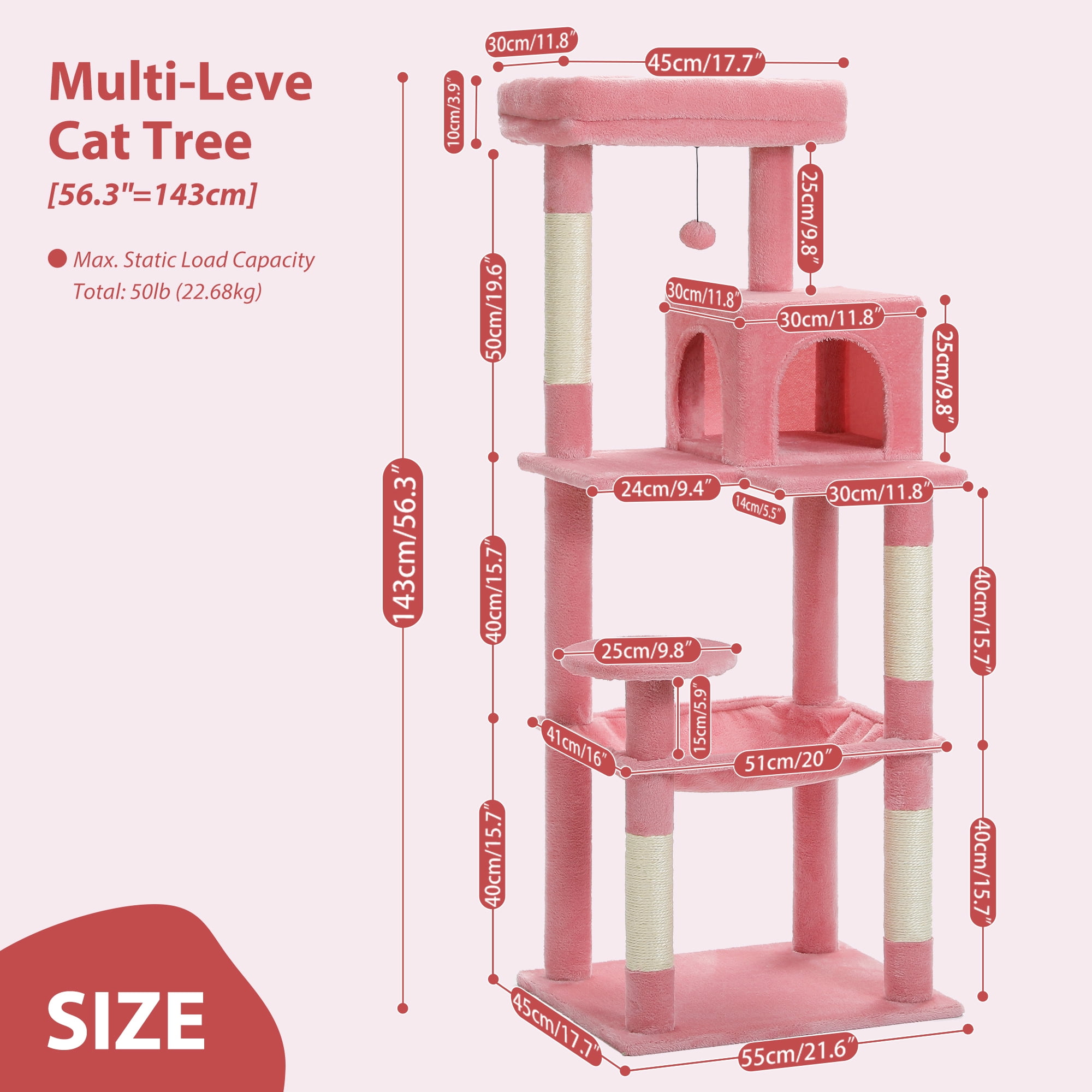 Kadyn 56" Wood Cat Tree Tower for Large Cats, Cat Tree House for Indoor Cats with Cozy Cat Condo, Super Large Hammock and Plush Perches, Pink