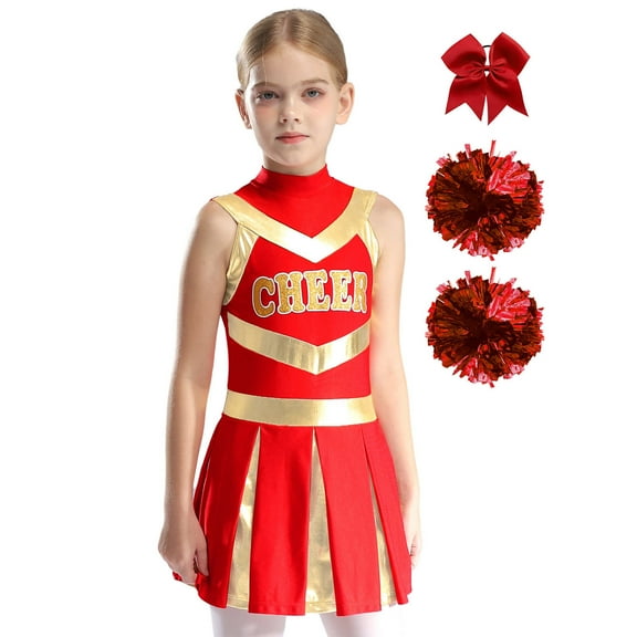 TiaoBug Girls Cheer Leader Outfits Carnival Party Cheerleading Dress with Headwear Pom Poms A Red 12