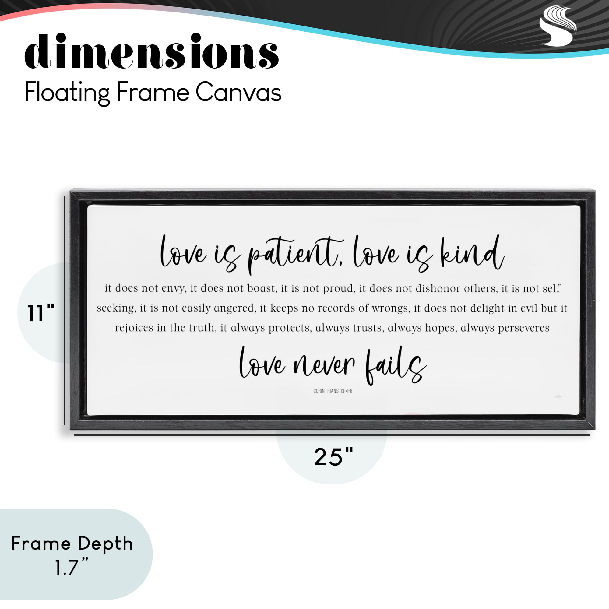 Stupell Industries Love Never Fails Proverb Black Framed Floater Canvas Wall Art, design by Natalie Carpentieri