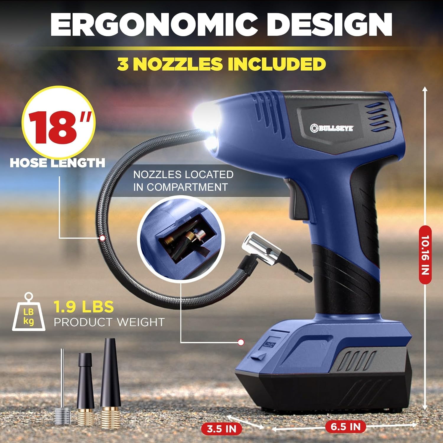 Bullseye 12V Portable Pressure Gauge Tire inflator Pump - Blue