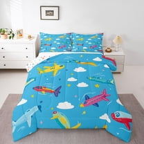 Homewish Vintage Airplane Boys Queen Comforter Set, Kawaii Cartoon Aircraft Bedding Sets, Cute Stars Cloud Reversible Bedding Comforter Set, Ultra Soft Bedroom Decor, 3pcs