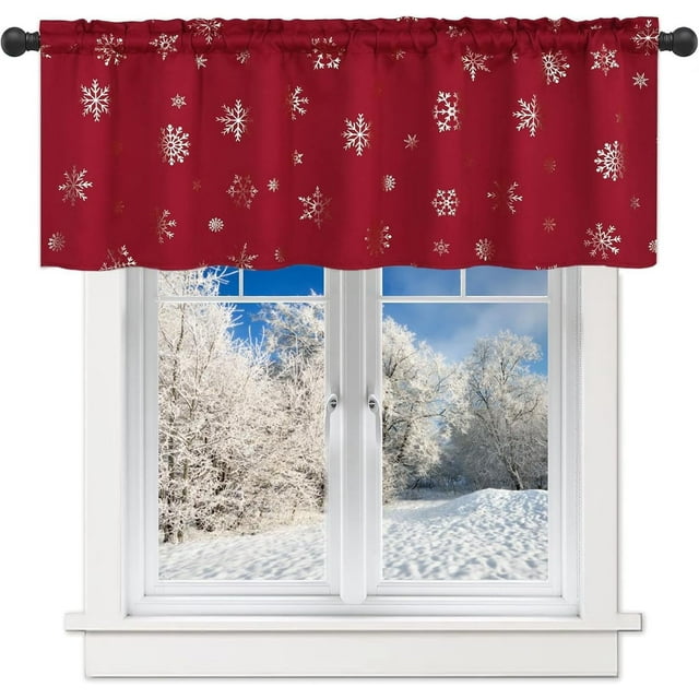 Cantonnière de Noël pour Cuisine, Cantonnière de Rideau de Noël à Imprimé Flocon de Neige en Feuille de 18 Pouces de Longueur, Rideaux Courts Rouges à Poche pour Tringle pour Cuisine, 52 Pouces L x 18 Pouces L, 1 Panneau