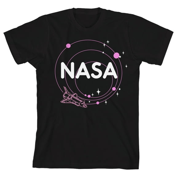 NASA Solar System & Spaceship Crew Neck Short Sleeve Girl's Black T-shirt-Medium