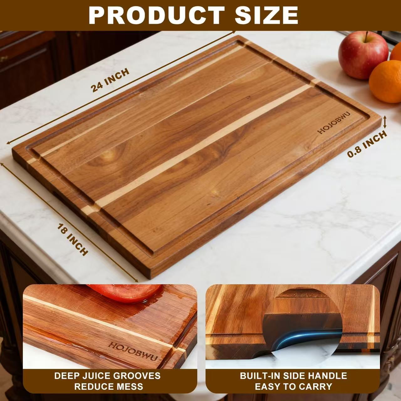 HOJOBWU 24x18 Acacia Wood Cutting Board, Large Wooden Butcher Block with Juice Groove and Handles for Kitchen Prep