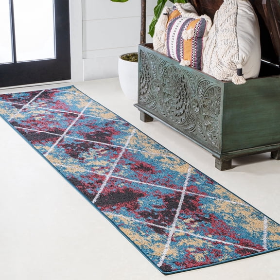 JONATHAN Y SUPERSOFT 2 x 10 Runner Rug, Cole Minimalist Diamond Trellis - Multi/White, SEU102J-210