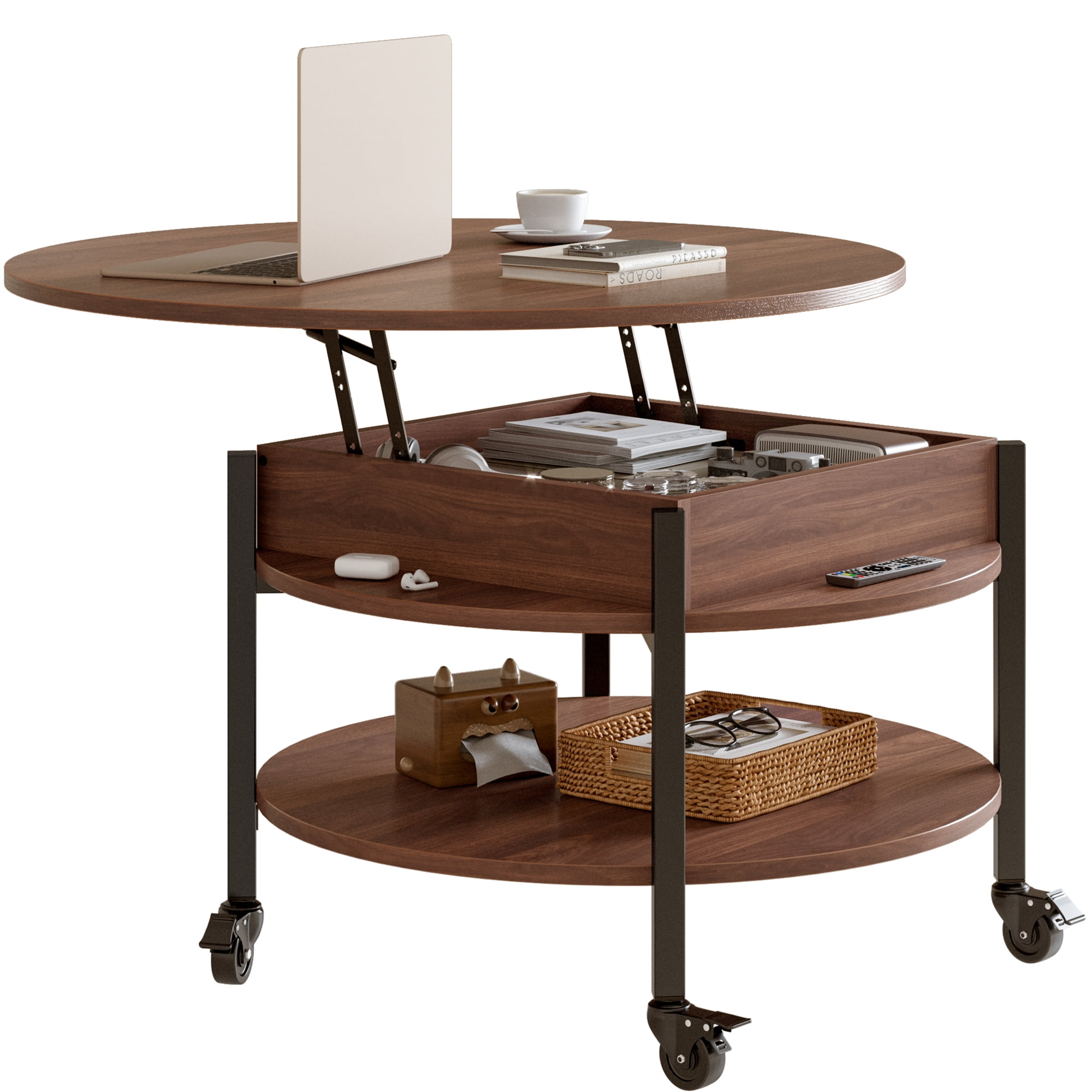 GUNAITO Round Small Lift Top Coffee Table on Wheels with Storage, Modern Farmhouse Center Table with Shelf Small Circle Table for Living Room, Walnut