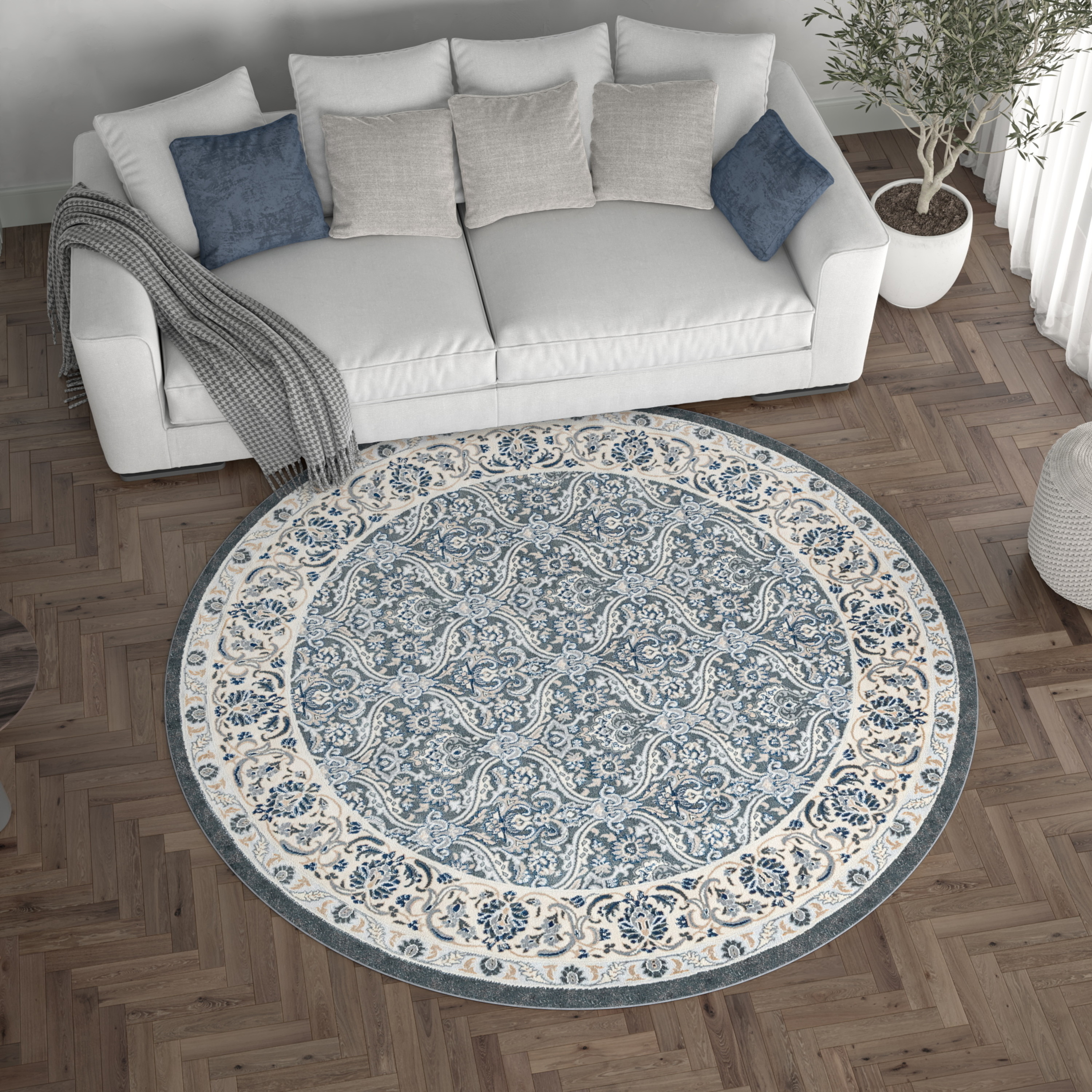 Madison Traditional 5' Round Dark Gray Polypropylene Indoor Area Rug