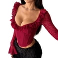 thumbnail image 3 of Women Mesh Top Lace Crop Top Long Sleeve Sheer Blouse Y2K Mesh Shirts Going Out Tops Club Outfits Wine Red L, 3 of 10