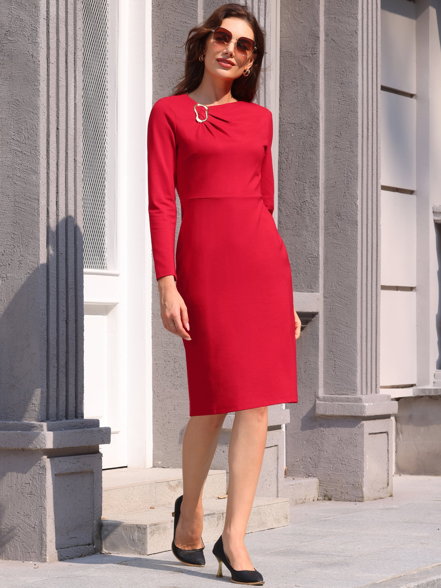 DARING DIVA Women's Midi Work Pencil Dress Asymmetrical Neck Bodycon Dresses M Red