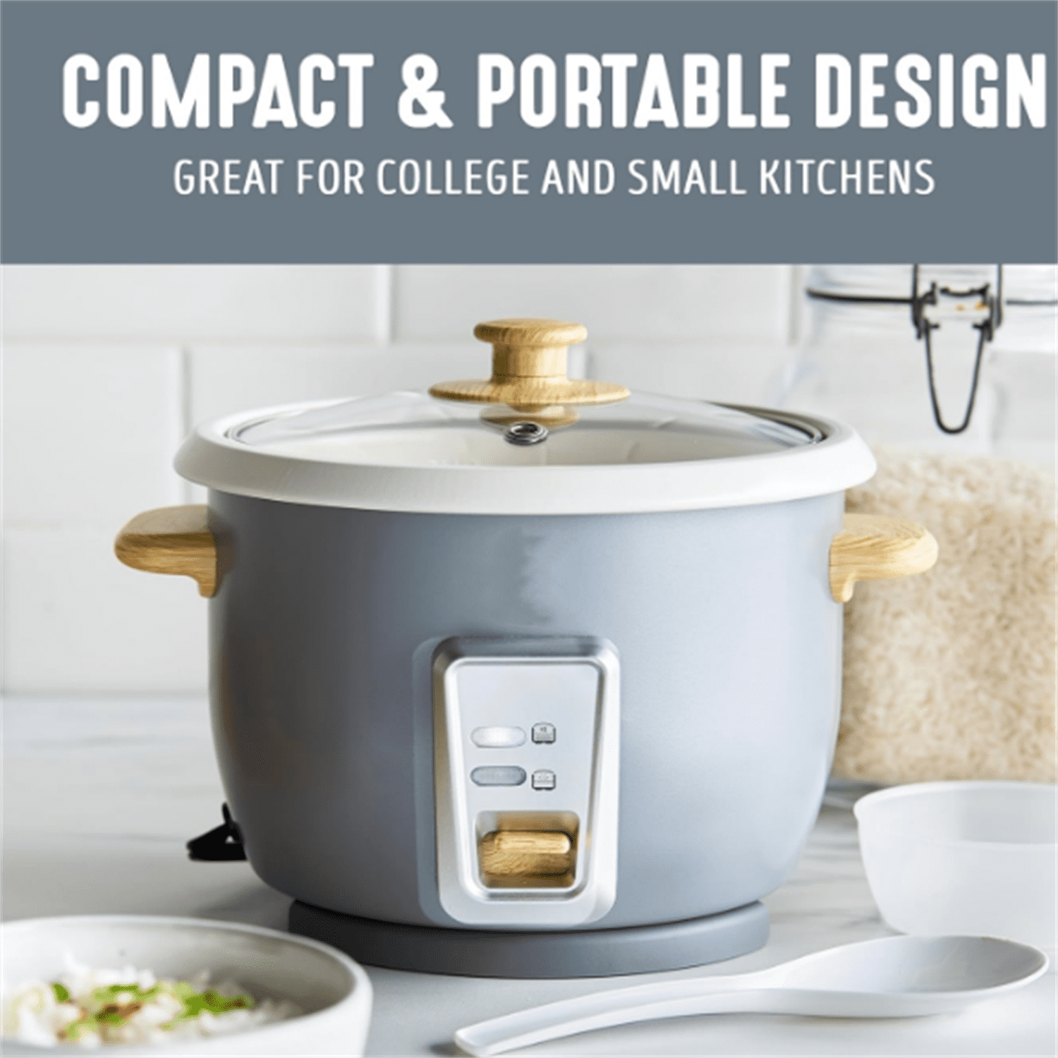 Rice Cooker with Removable PFAS-Free Nonstick Pot, 3-Cups Uncooked/6-Cups Cooked, One-Switch Design, Auto Keep Warm Function, Soup, Grains, Oatmeal, Wood Handle, Gray