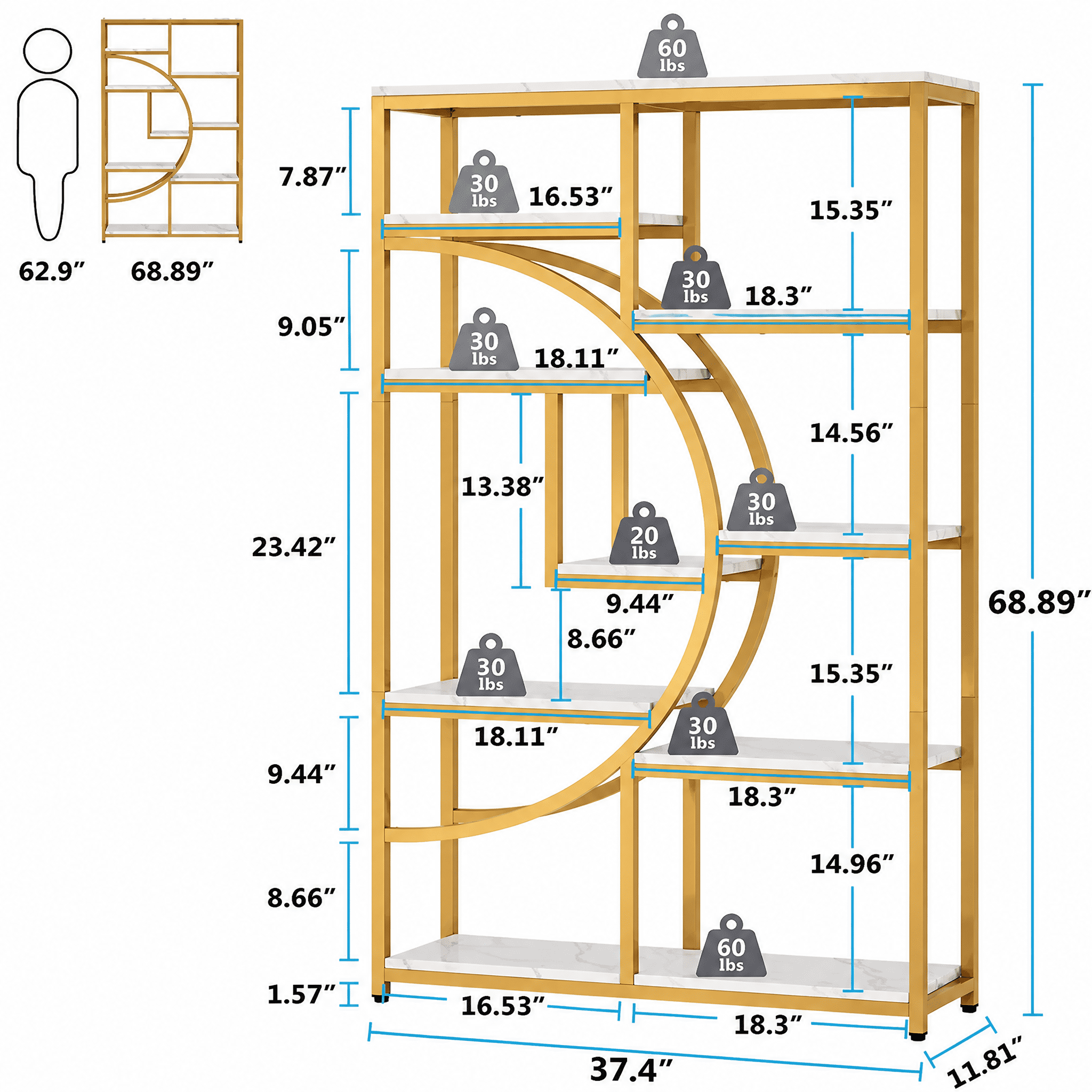 9-Tier Etagere Bookcase, Gold Metal Frame with White Marbling Boards, Half-Moon Silhouette, Industrial-Chic Design for Living Room/Home Office