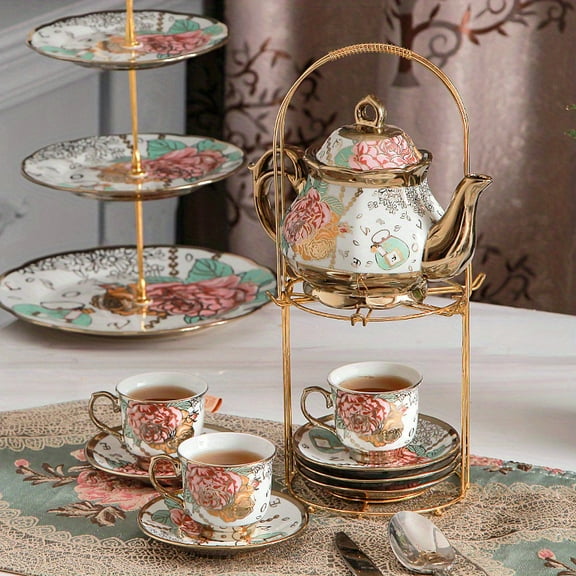 20pcs Floral Ceramic Tea Set with Saucers and Metal Stand, European Afternoon Tea Service Blooming Design Cups for Tea Lovers Special Occasions