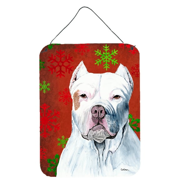 Pit Bull Red and Green Snowflakes Holiday Christmas Wall or Door Hanging Prints
