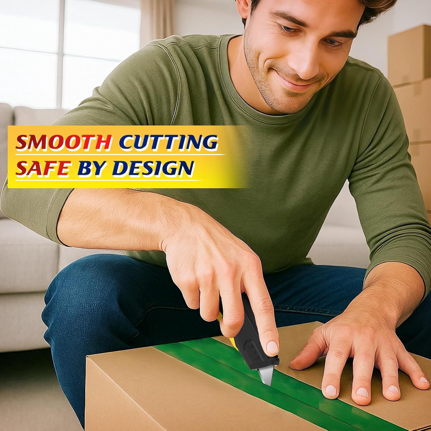 Safety Box Cutter Retractable with Holster, Self Retracting Utility Knife with 10 SK5 Blades, Box Opener Razor Knife, Non-Slip Grip Work Knife for Warehouse Retail Home, Navajas Para Trabajo