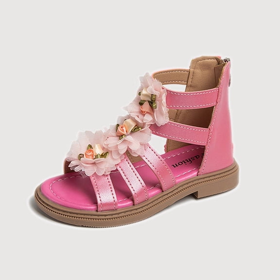 Gyujnb Open Toe Flower High Top Zipper Flat Sandals for Daily Outdoor Playground (Little Girls, Big Girls),4-4.5 Years