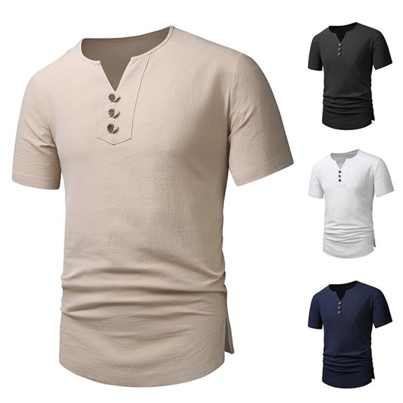 Antinious Mens Soft V-Neck Button Pullover Side Split Short Sleeve Breathable Relaxed Tops