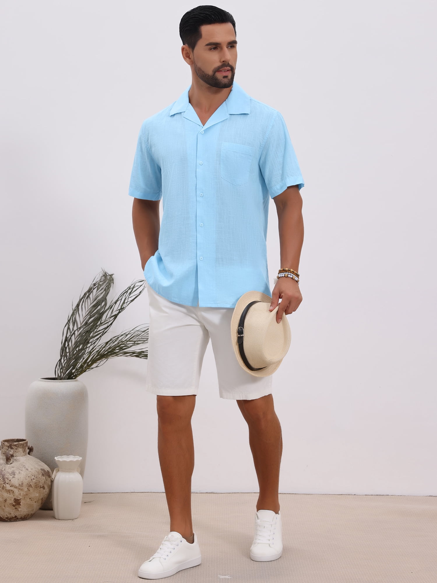 DARING DIVA Men's Camp Collar Button Down Short Sleeve Cotton Shirts S Light Blue