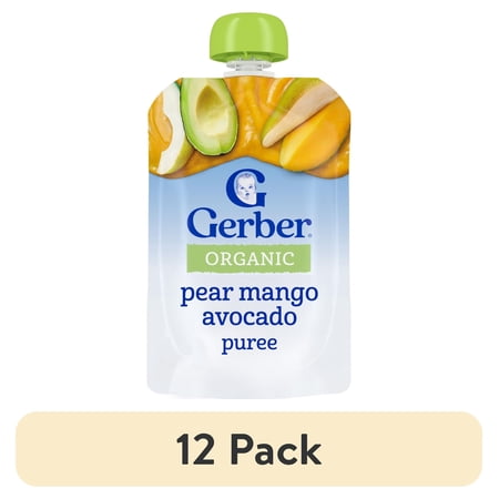(12 pack) Gerber Stage 2 Baby Food, Organic Pear Mango Avocado, Baby Food Pouches, Puree 3.5 oz