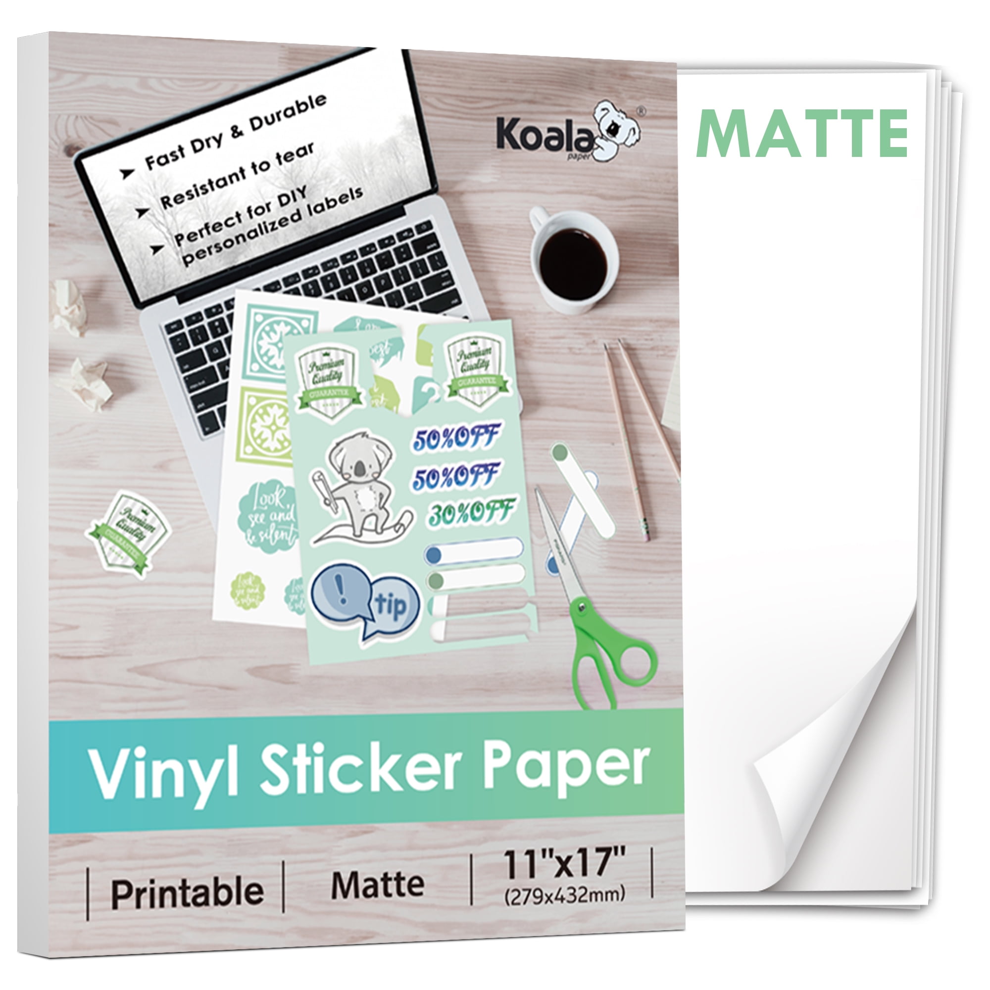 Koala Printable Vinyl Sticker Paper for Inkjet Printer 20 Sheets