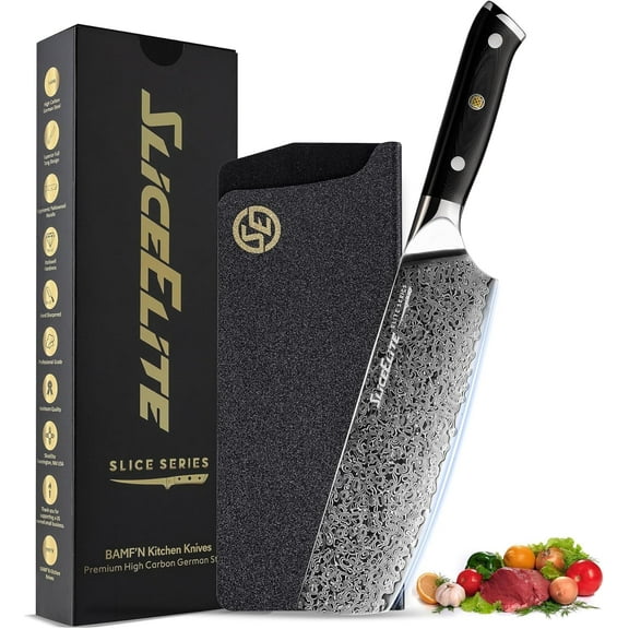 SliceElite Elite Series Nakiri Knife 7 Inch Damascus Steel VG10 Core G10 Handle Sharp Blade Durable Polymer Sheath Vegetable Knife
