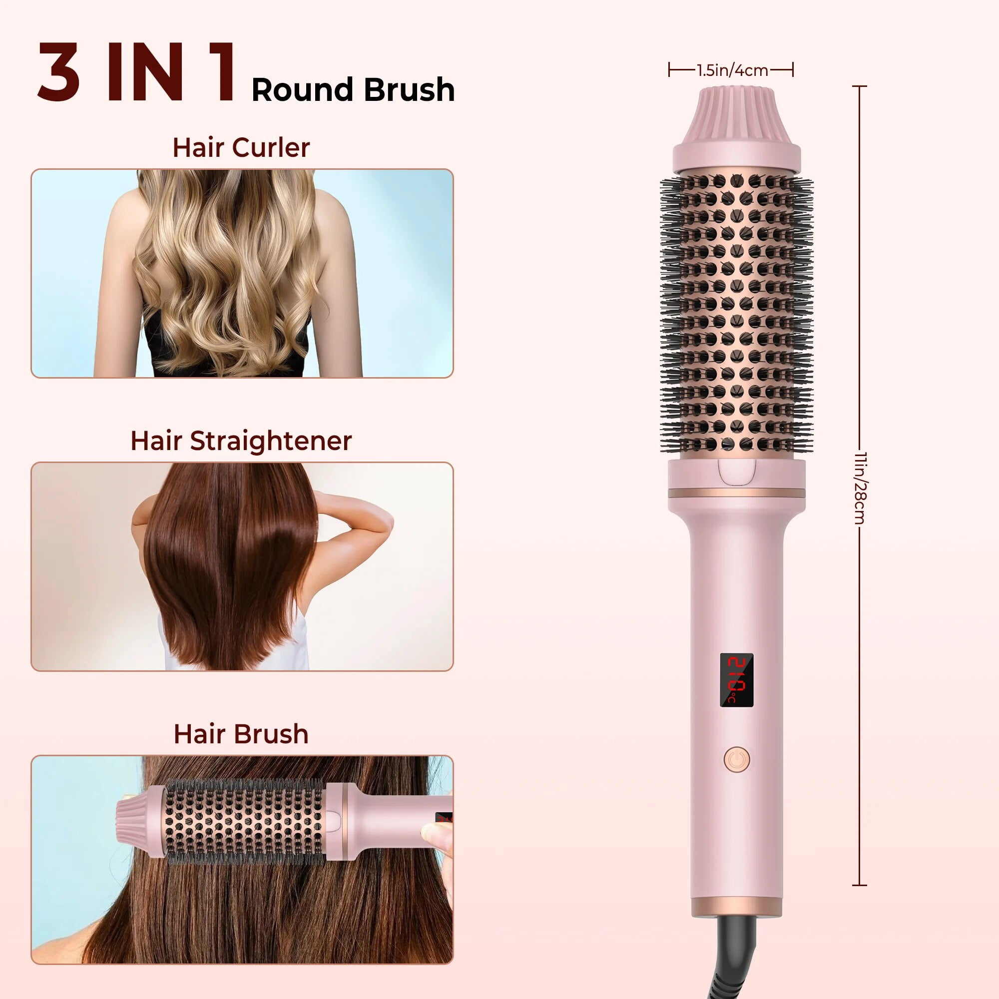 TrimTide Hot Air Brush Thermal Brush Heated Curling Iron Brush 32mm Round Brush Hair Curler LCD Display Curling Comb