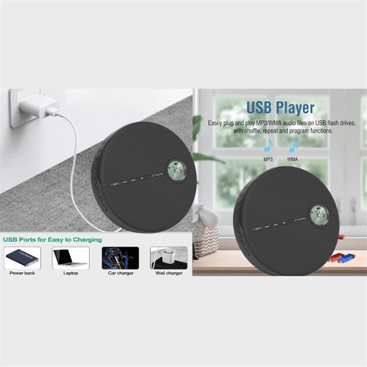 Rechargeable Bluetooth CD Player, Music CD Disc Player for Car/Travel, Home Audio with Stereo Speaker,AUX,USB Black