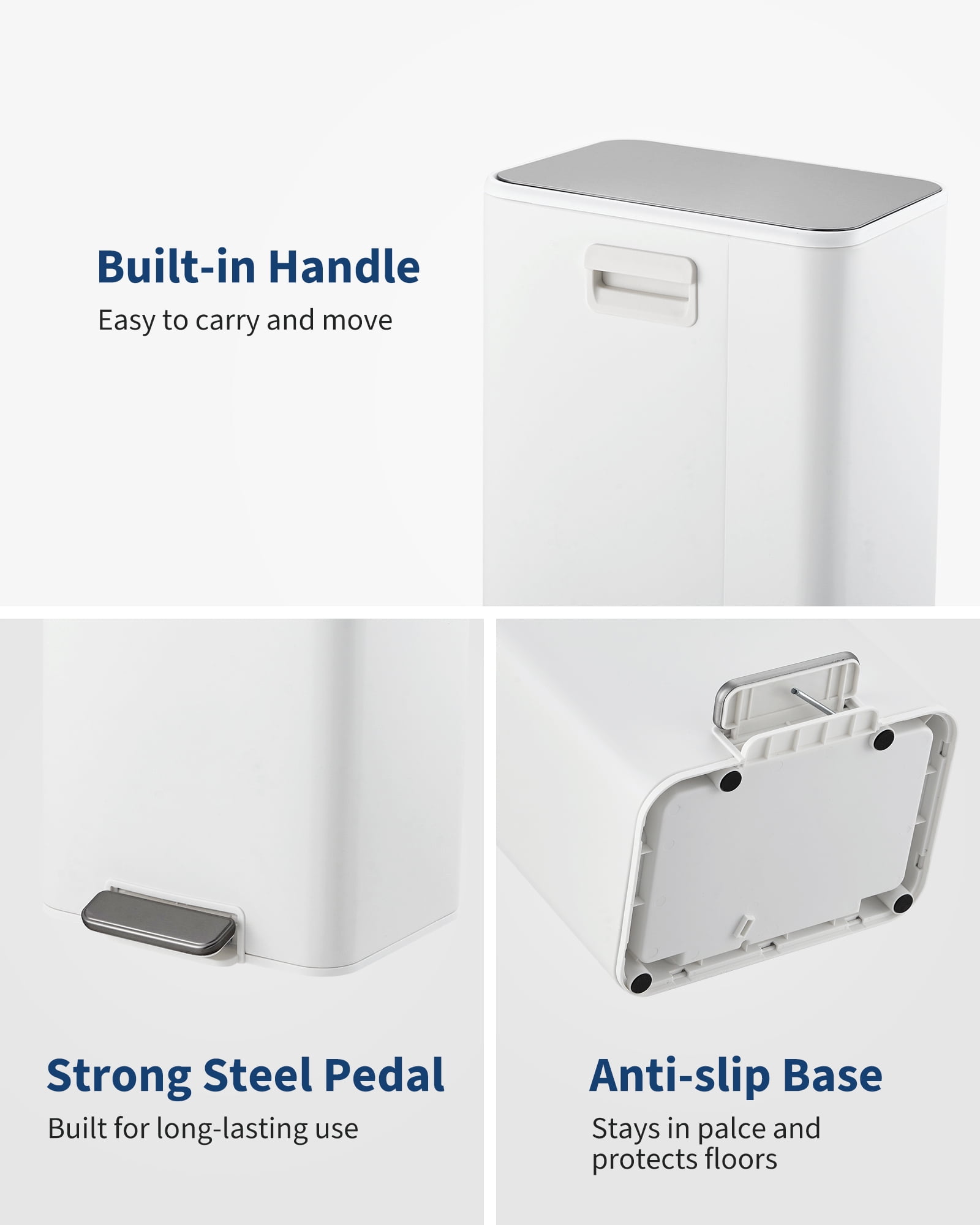 Space-Saving Bedroom Trash Can, 4 Gallon Small Trash Can with Soft-Close Lid, Foot Pedal & Removable Inner Bucket, Rectangular Stainless Steel Garbage Can for Living Room, Home, Office, White