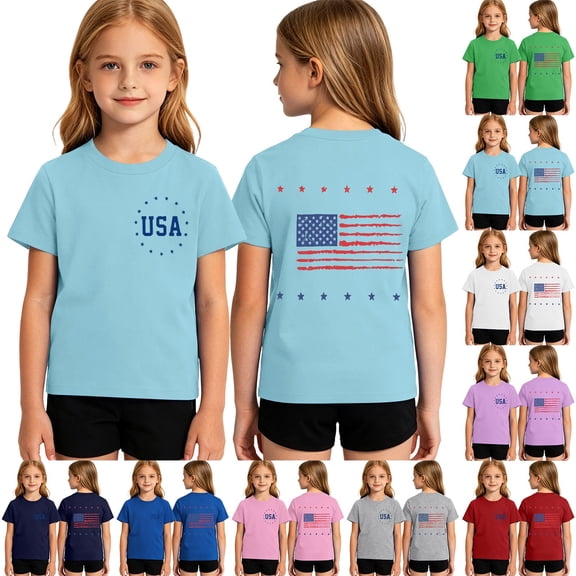 Girls Tshirts Size 1-2Y Kids Independence Day-Themed Print Short Sleeve Crew Neck Holiday Top Girl Tops