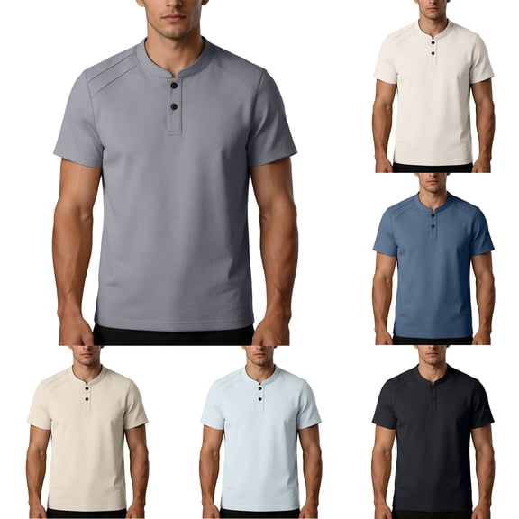 Mens Henley Shirt Summer Short Sleeve Fashion Breathable Sports Tops Crew Neck Pleated Button T Shirts (XL, Gray)