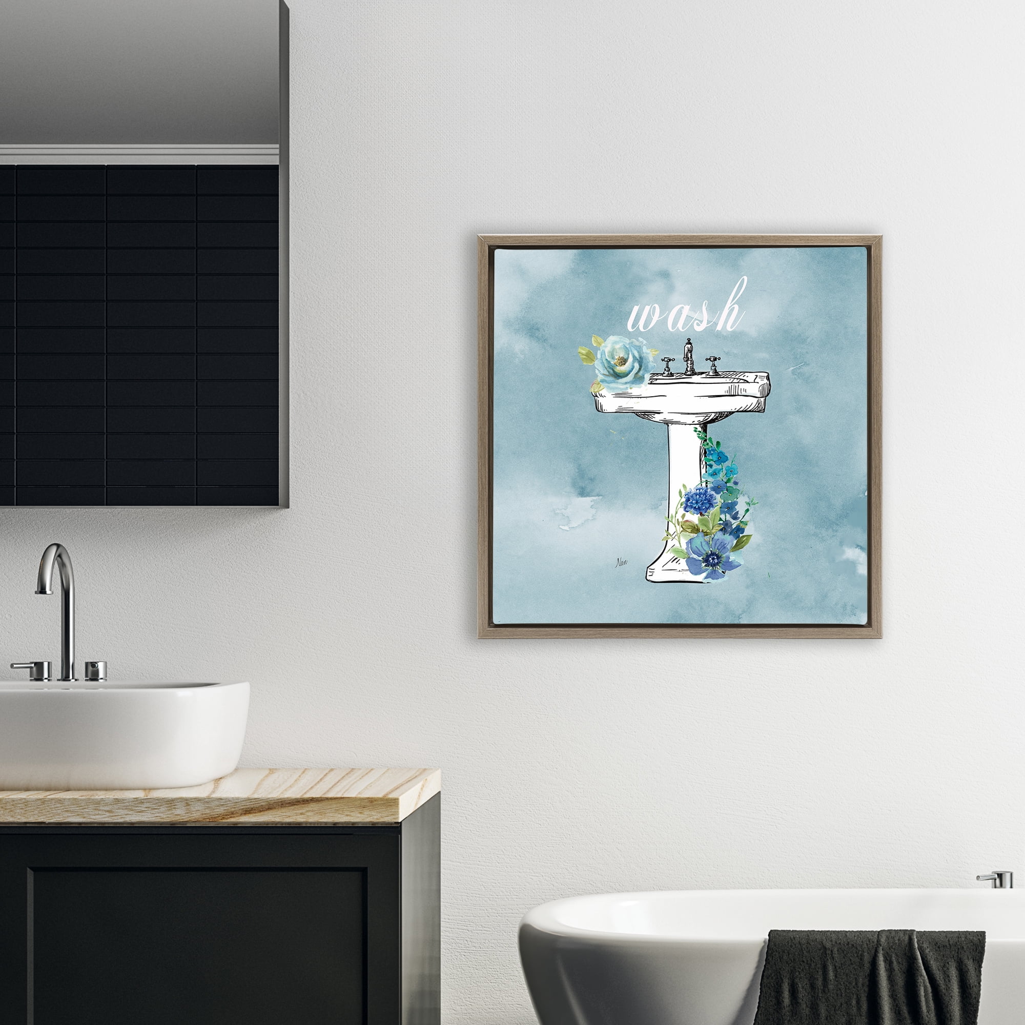 Stupell Industries Floral Bathroom Rules Wash Brown Framed Floater Canvas Wall Art, design by Nan