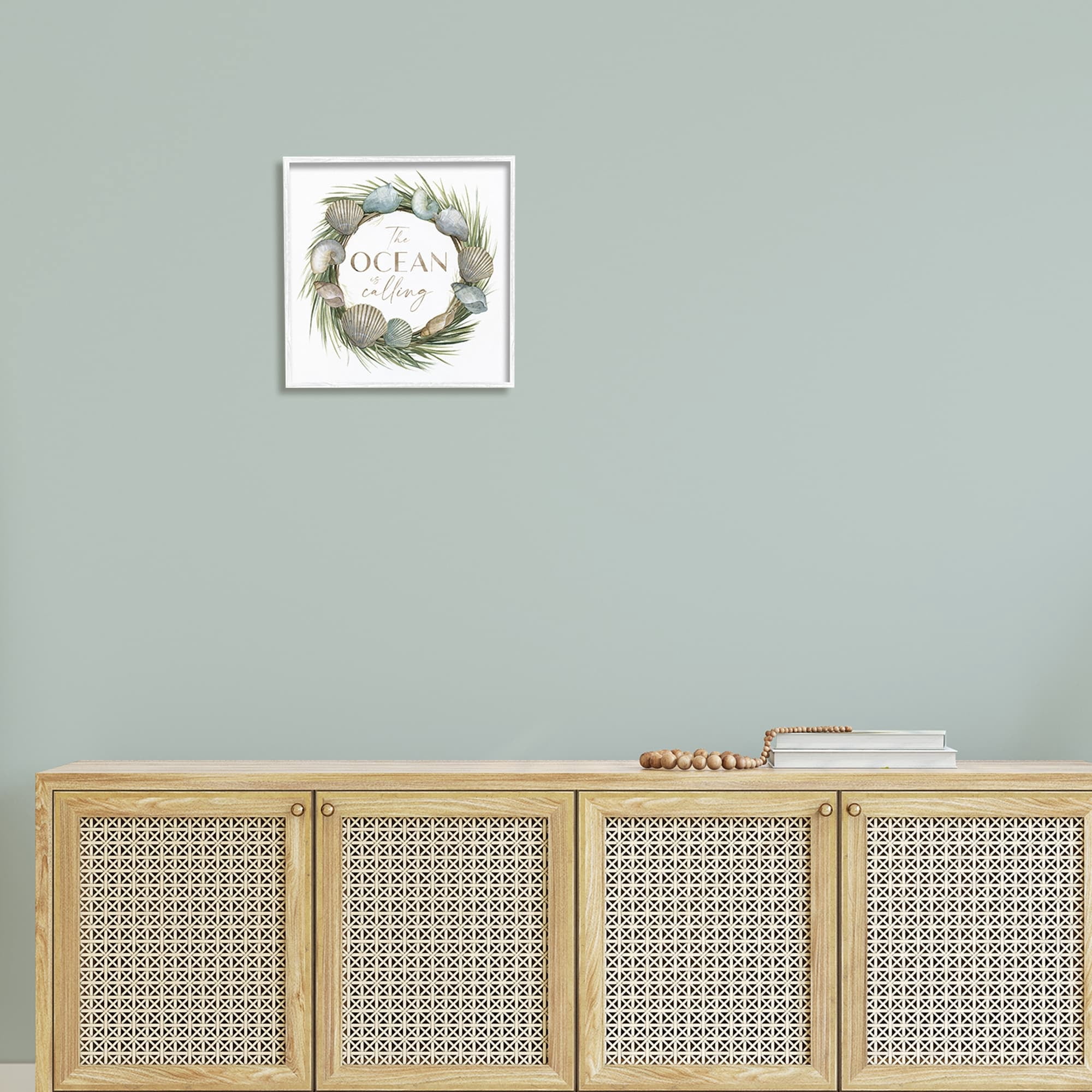 Stupell Industries Ocean Is Calling Quote Botanical Wreath Seashells Design, 17 x 17, Design by Nan