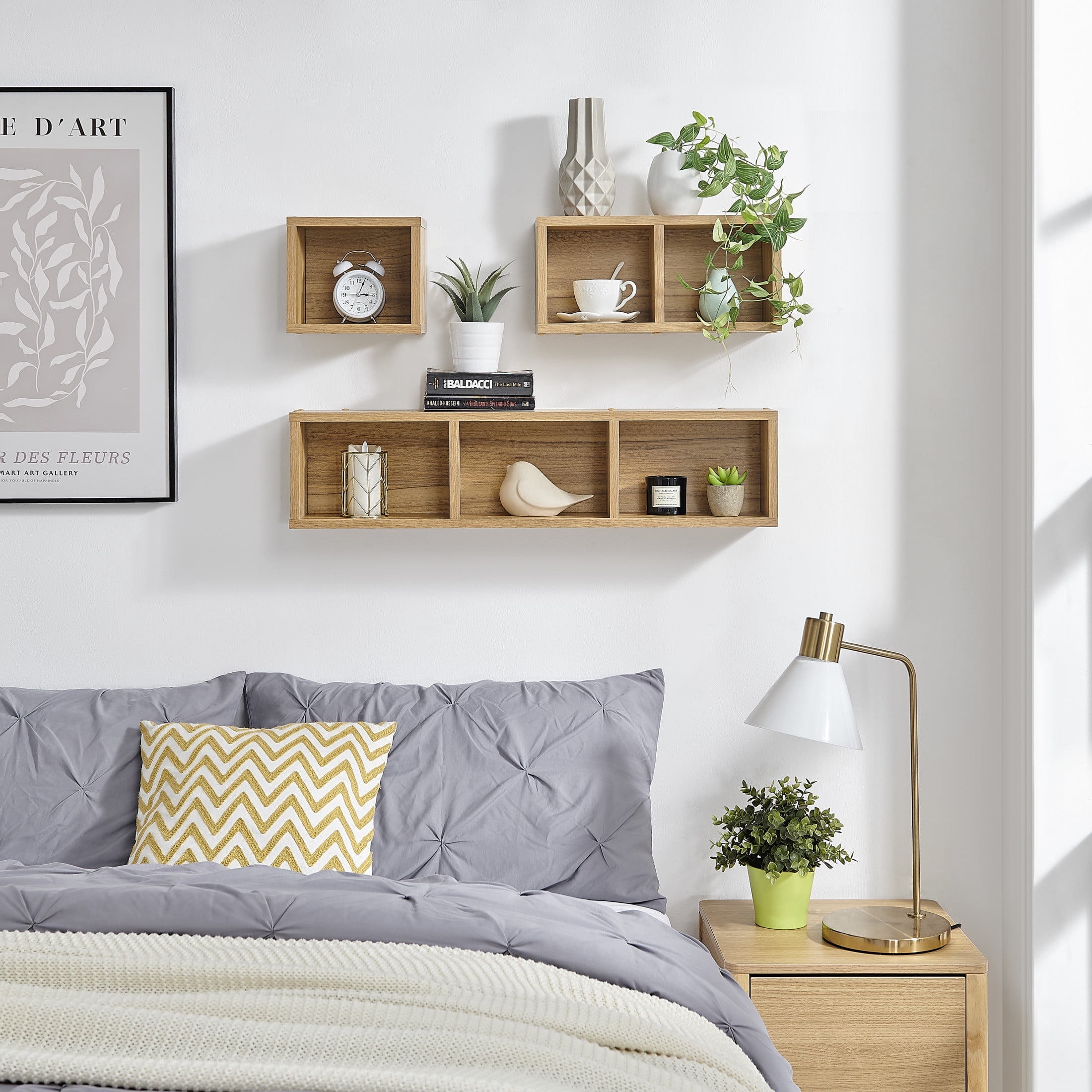 Danya B. Bauhaus Floating Geometric Cubby Wall Shelves - Set of 3 Sizes - Chestnut