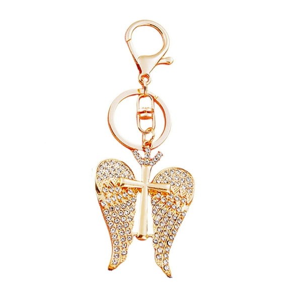 Diamond Wings Cross Keychain Sparkling Rhinestone Christian Keyring Religious Baptism Gift for Women