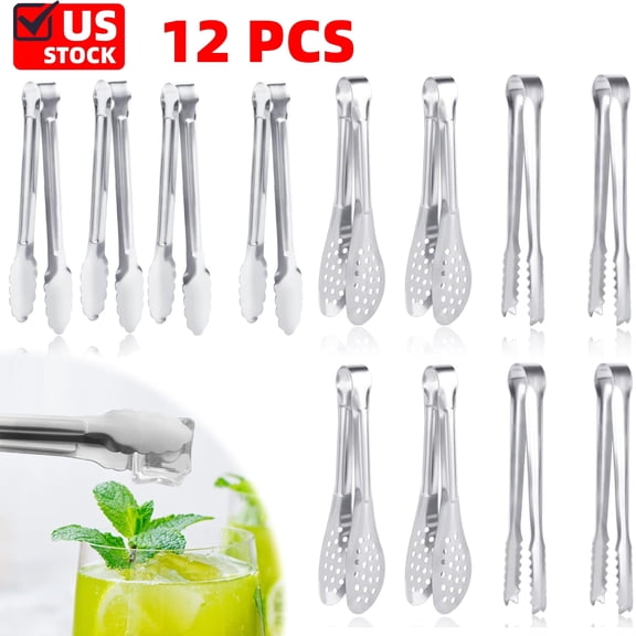 12Pcs 5" Premium Small Serving Tongs, Mini Stainless Steel Appetizer Tongs for Baking Salad Meat Ice