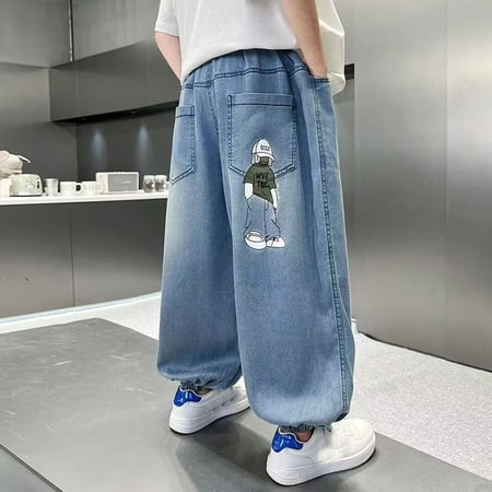 Boys Pants Boys Summer Lightweight Casual Jeans Elastic Waist Comfortable Outfit Blue 4-5 Years