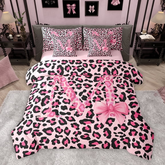 Homewish Cheetah Print Letter Twin Bedding Sets 7-Piece, Pink Bowknot Monogrammed M Bedding Comforter Set, Modern Fashion Style Reversible Sheet Sets, Luxury Bedroom Decor