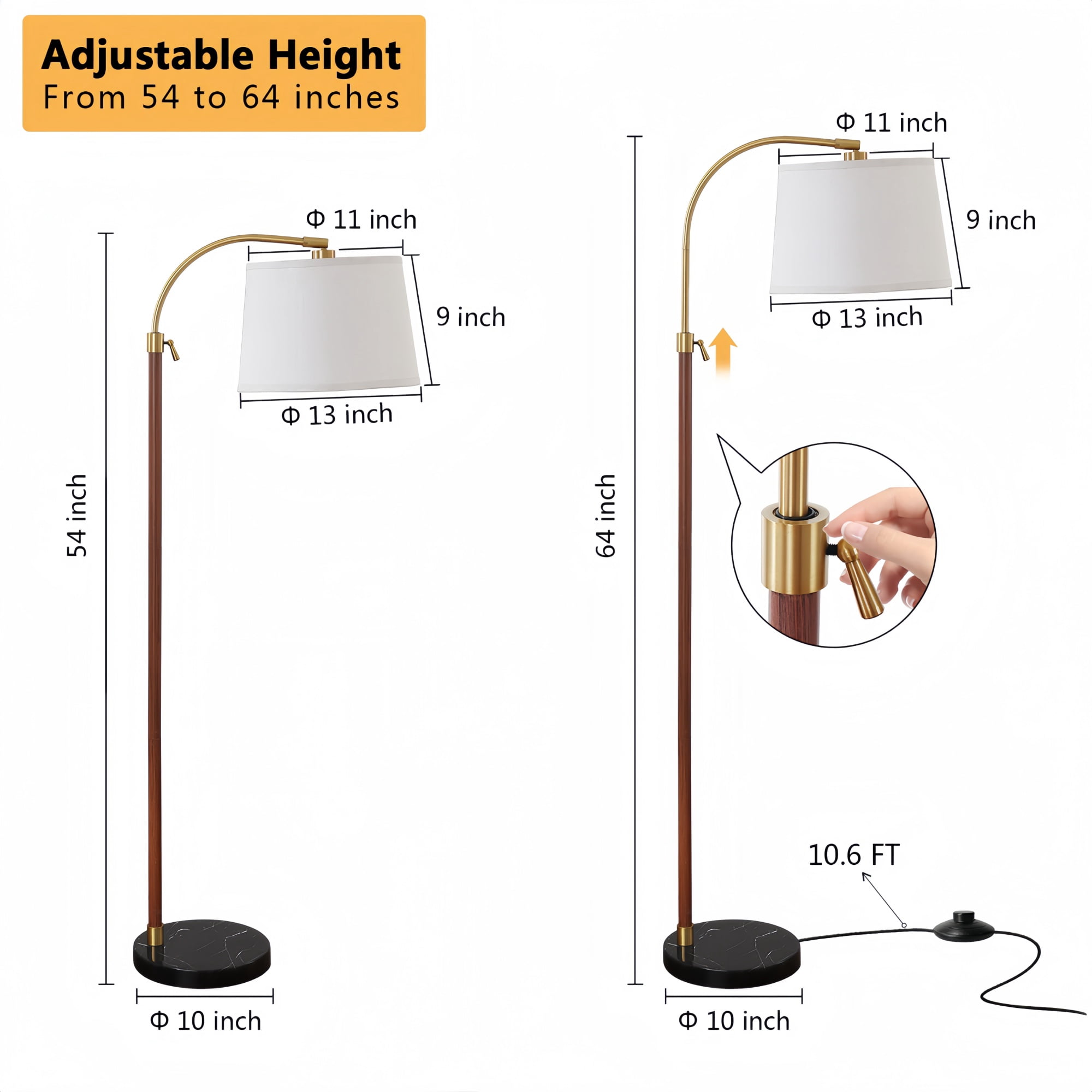 RORIA 54–64”Height Adjustable Curved Floor Lamp, Modern Standing Lamp, Suitable for Bedrooms, Living Rooms, and Offices (Bulb Included)