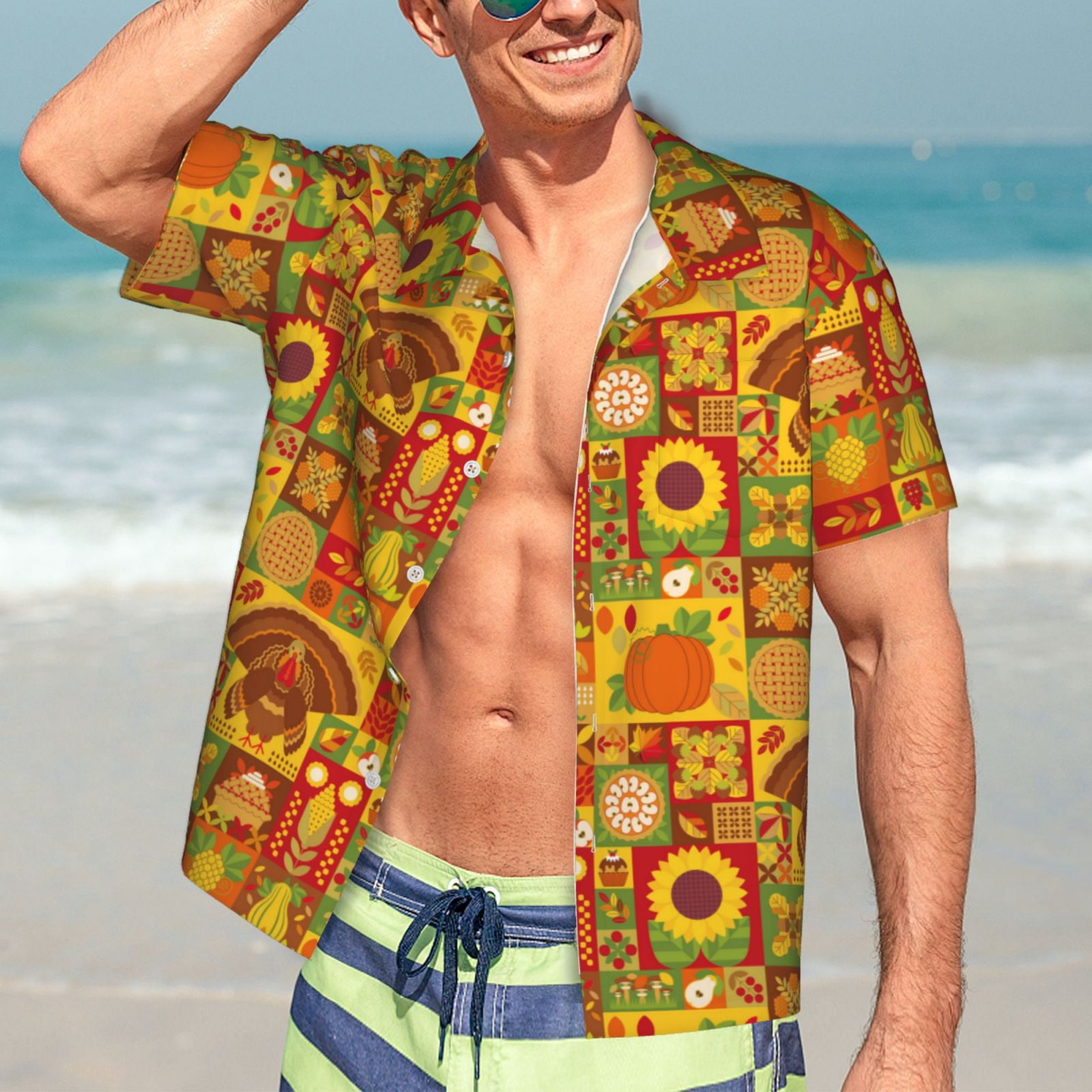 Logiee Thanksgiving Day Print Mens Hawaiian Shirts,Loose-Fit Short Sleeve Button Down Tropical Aloha Beach Shirt,Summer Vacation Wedding Tops,Medium
